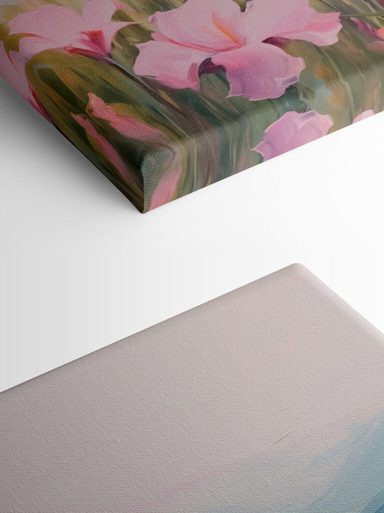 Painting of pink flowers in a field Painting of pink flowers in a field