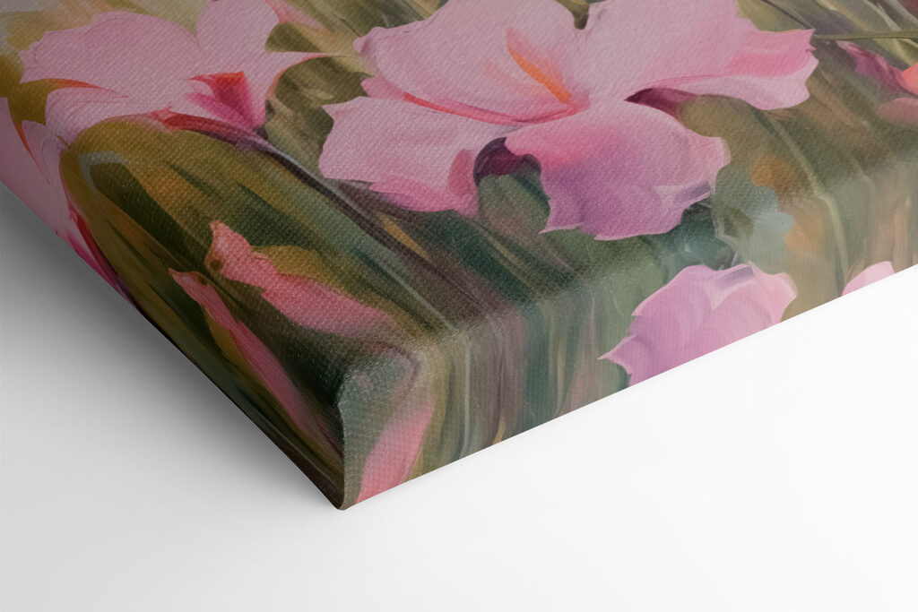 Painting of pink flowers in a field Painting of pink flowers in a field
