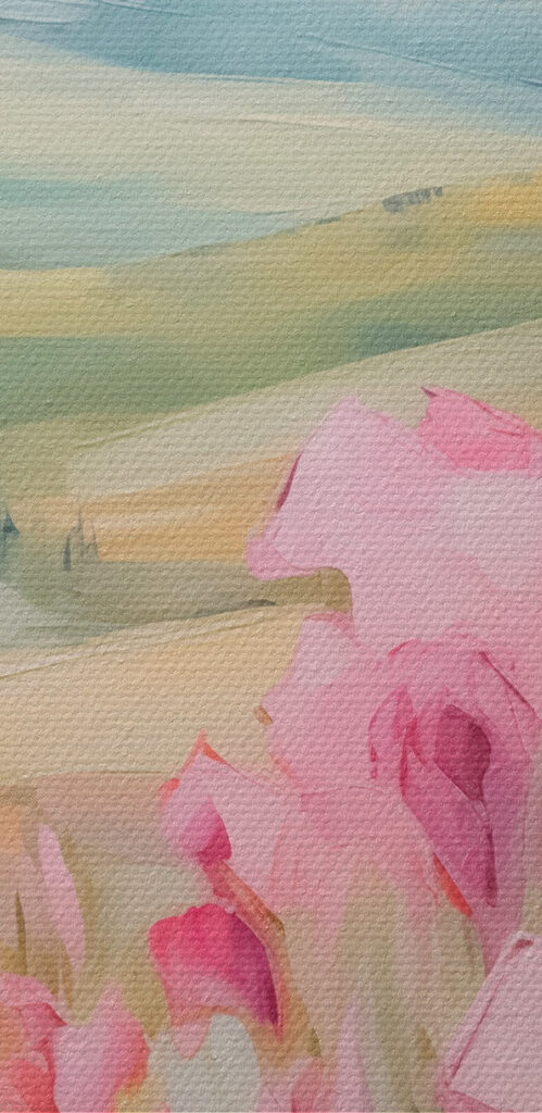 Painting of pink flowers in a field Painting of pink flowers in a field