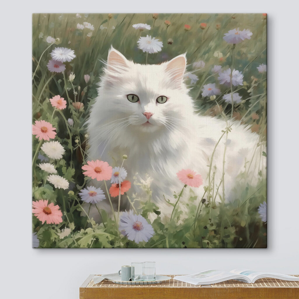 White cat in a field of flowers
