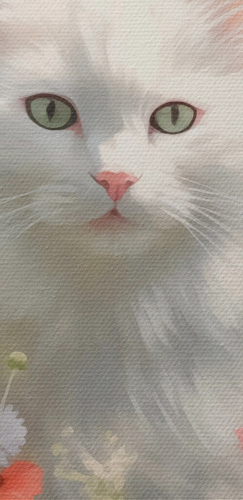 White cat in a field of flowers