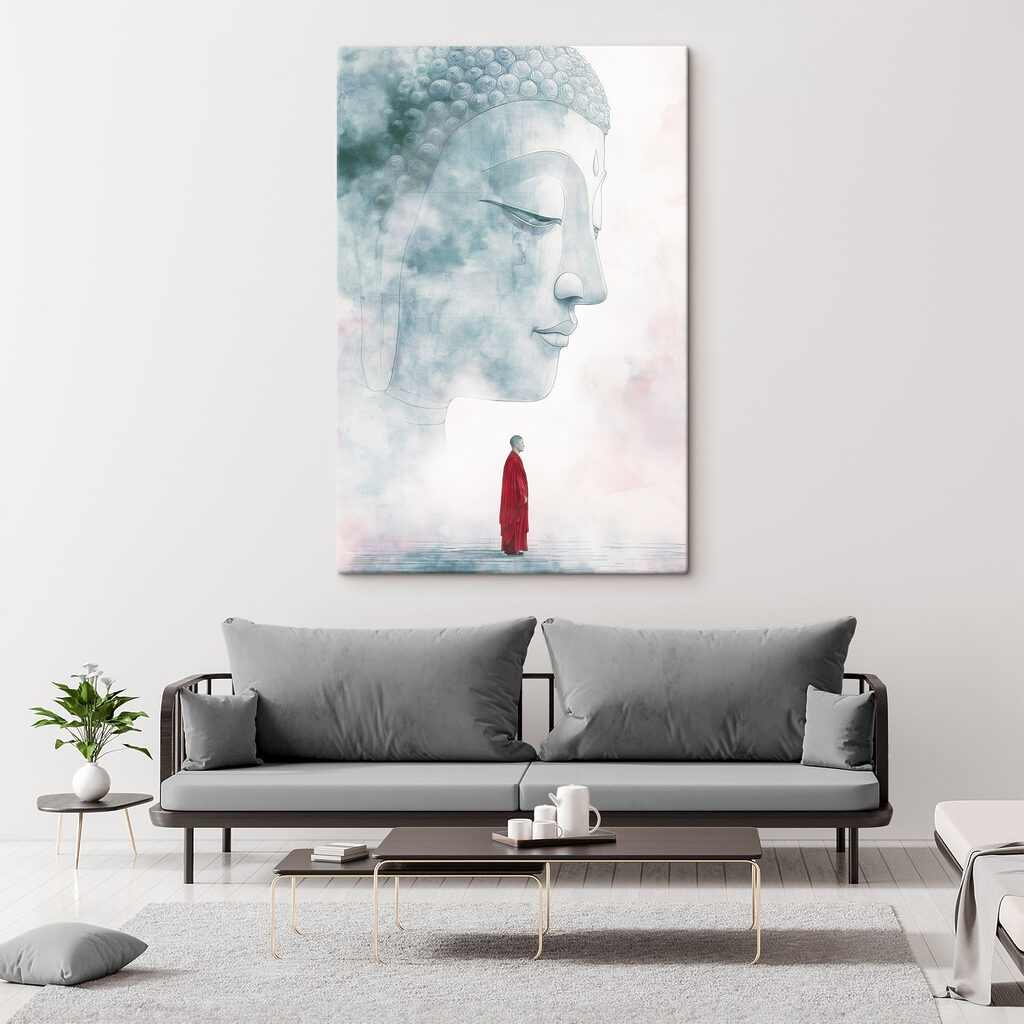 Man standing in front of a large face Man standing in front of a large face