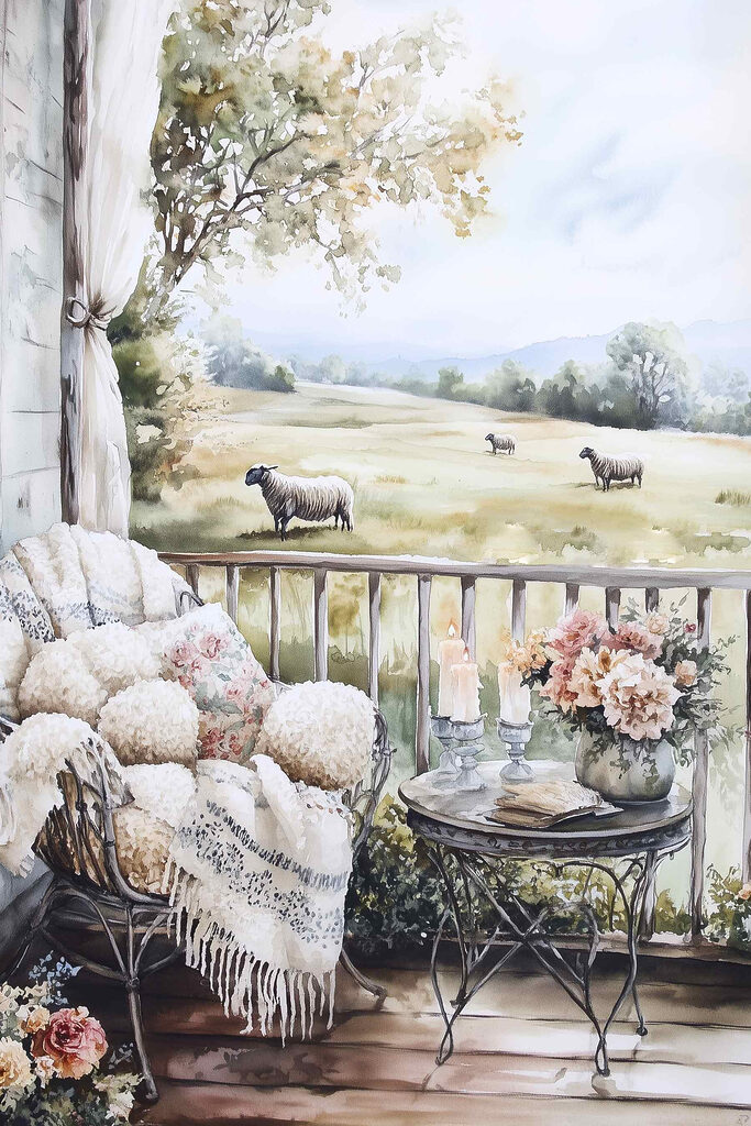 Painting of sheep on a porch Painting of sheep on a porch