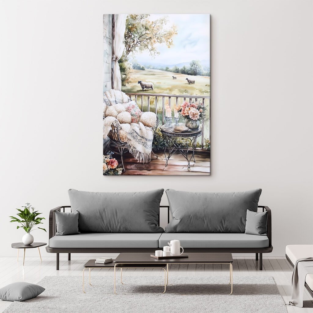 Painting of sheep on a porch Painting of sheep on a porch