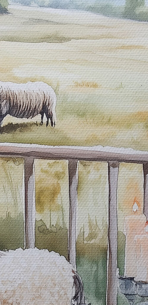 Painting of sheep on a porch Painting of sheep on a porch