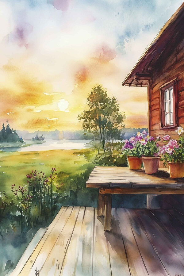 Watercolor painting of a house with flowers on a table Watercolor painting of a house with flowers on a table