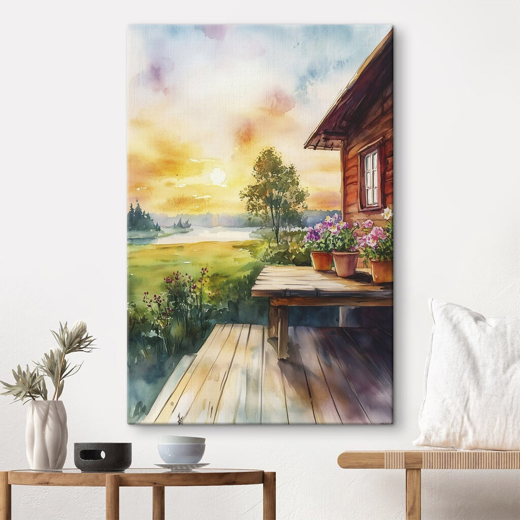 Watercolor painting of a house with flowers on a table Watercolor painting of a house with flowers on a table