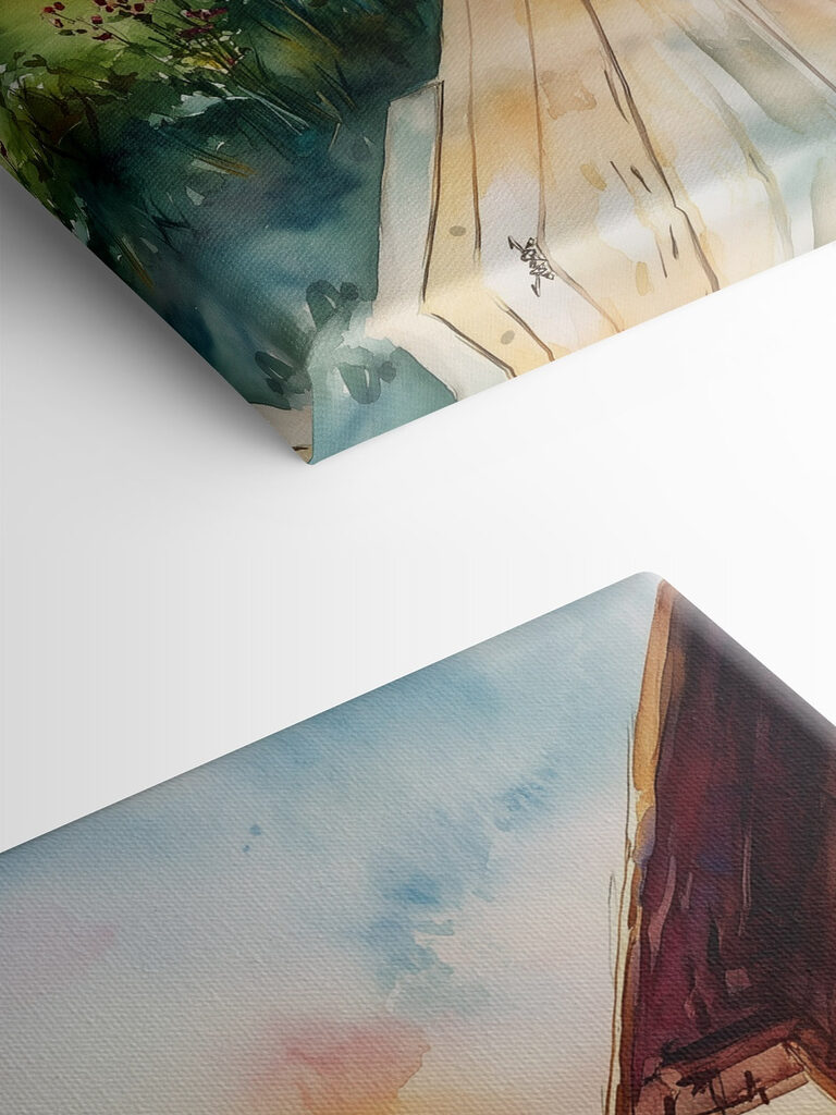 Watercolor painting of a house with flowers on a table Watercolor painting of a house with flowers on a table