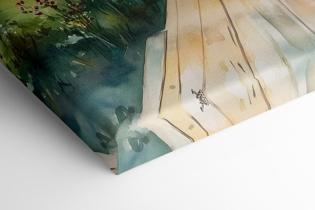 Watercolor painting of a house with flowers on a table Watercolor painting of a house with flowers on a table