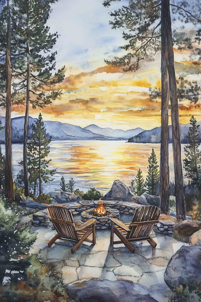 Watercolor painting of chairs around a fire pit overlooking a lake Watercolor painting of chairs around a fire pit overlooking a lake