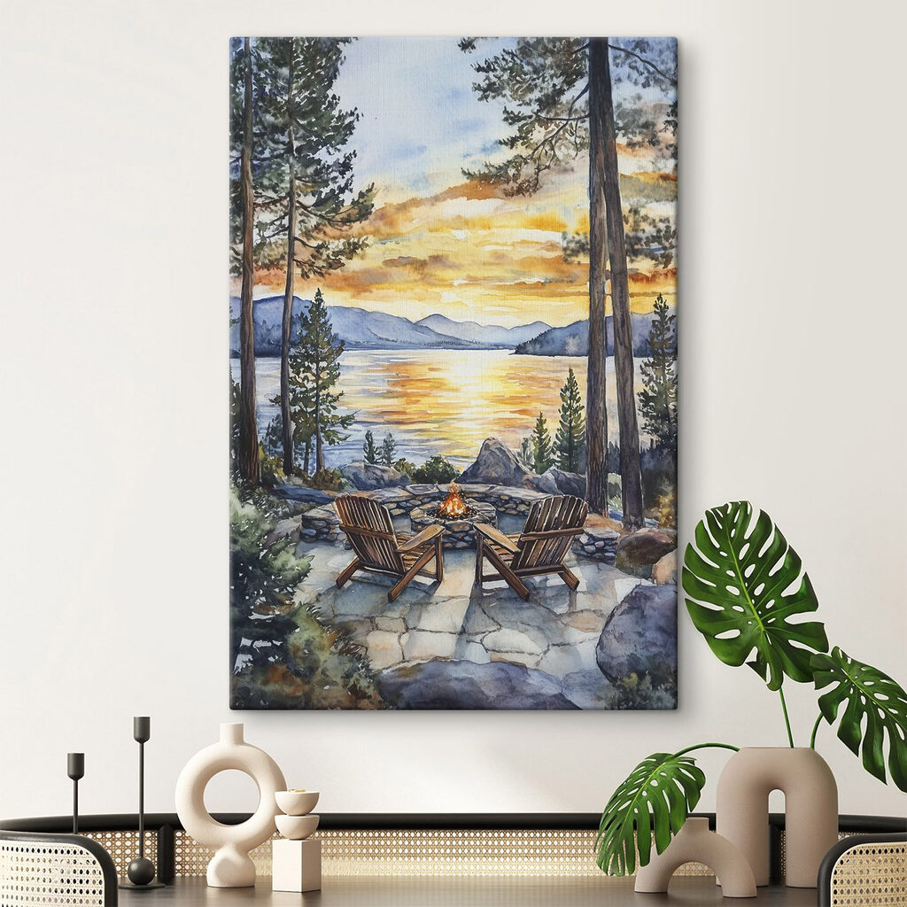 Watercolor painting of chairs around a fire pit overlooking a lake Watercolor painting of chairs around a fire pit overlooking a lake
