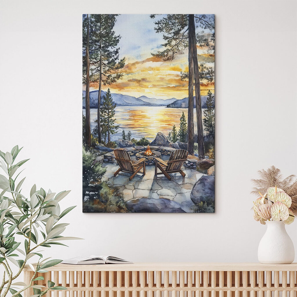 Watercolor painting of chairs around a fire pit overlooking a lake Watercolor painting of chairs around a fire pit overlooking a lake