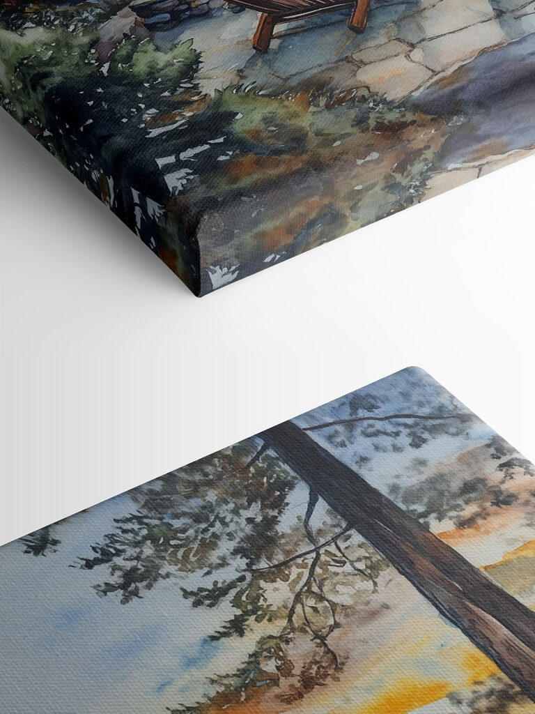 Watercolor painting of chairs around a fire pit overlooking a lake Watercolor painting of chairs around a fire pit overlooking a lake