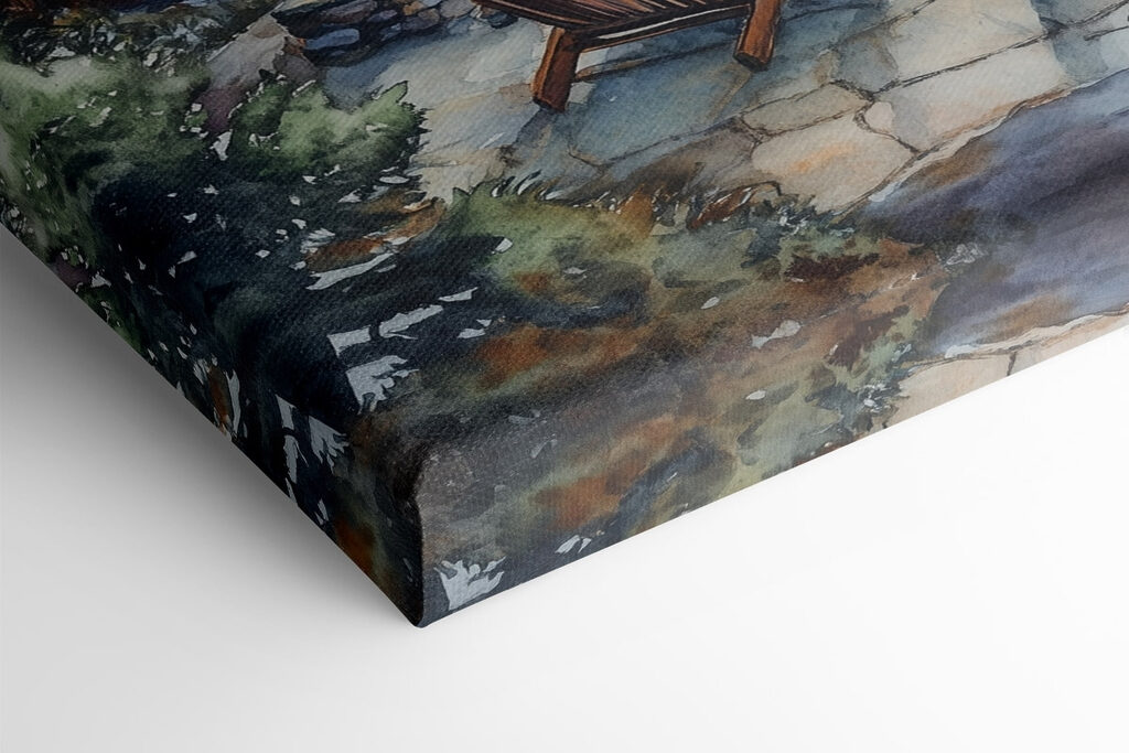 Watercolor painting of chairs around a fire pit overlooking a lake Watercolor painting of chairs around a fire pit overlooking a lake