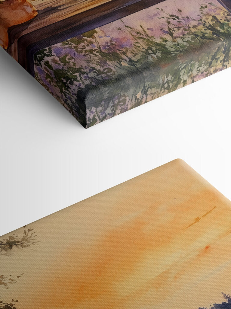 Watercolor painting of a porch with potted flowers on a table