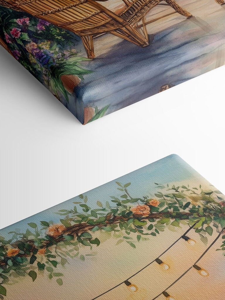 Painting of chairs and a lake