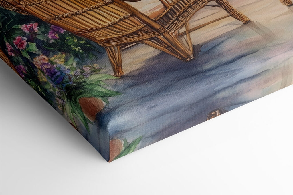 Painting of chairs and a lake