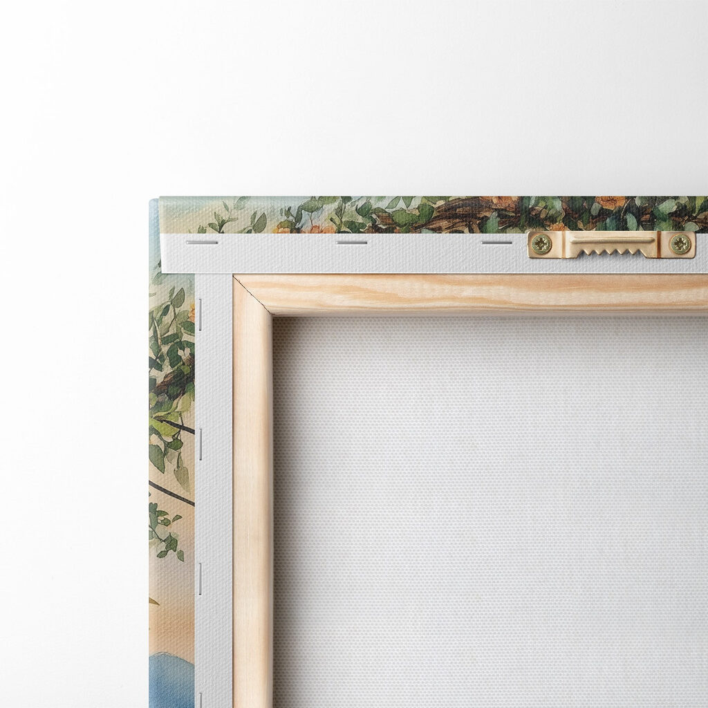 Painting of chairs and a lake