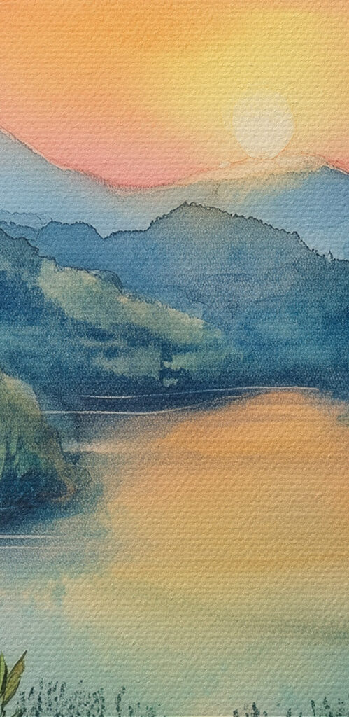 Painting of chairs and a lake