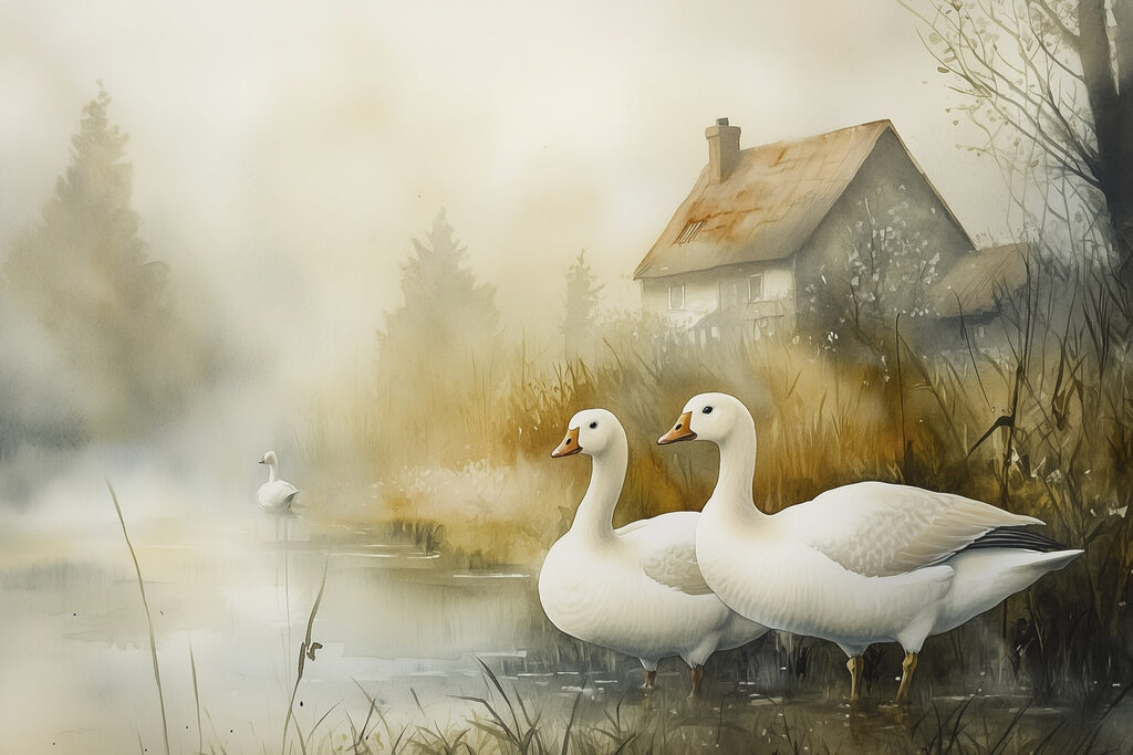 Watercolor painting of geese in a pond