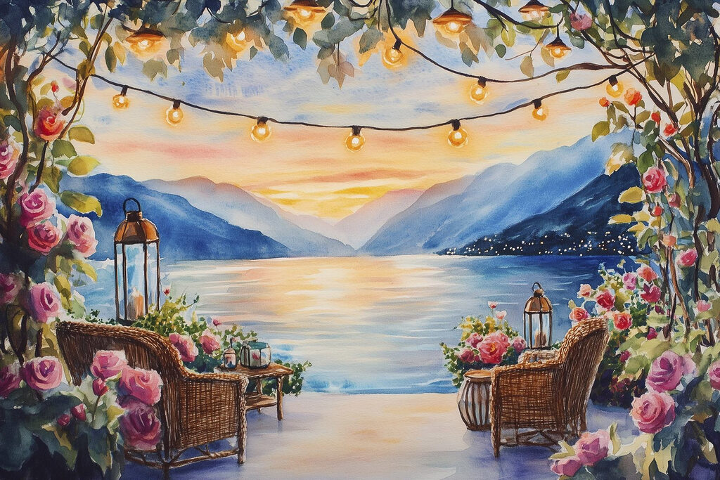 Watercolor painting of a deck with chairs and flowers and lights from a string Watercolor painting of a deck with chairs and flowers and lights from a string