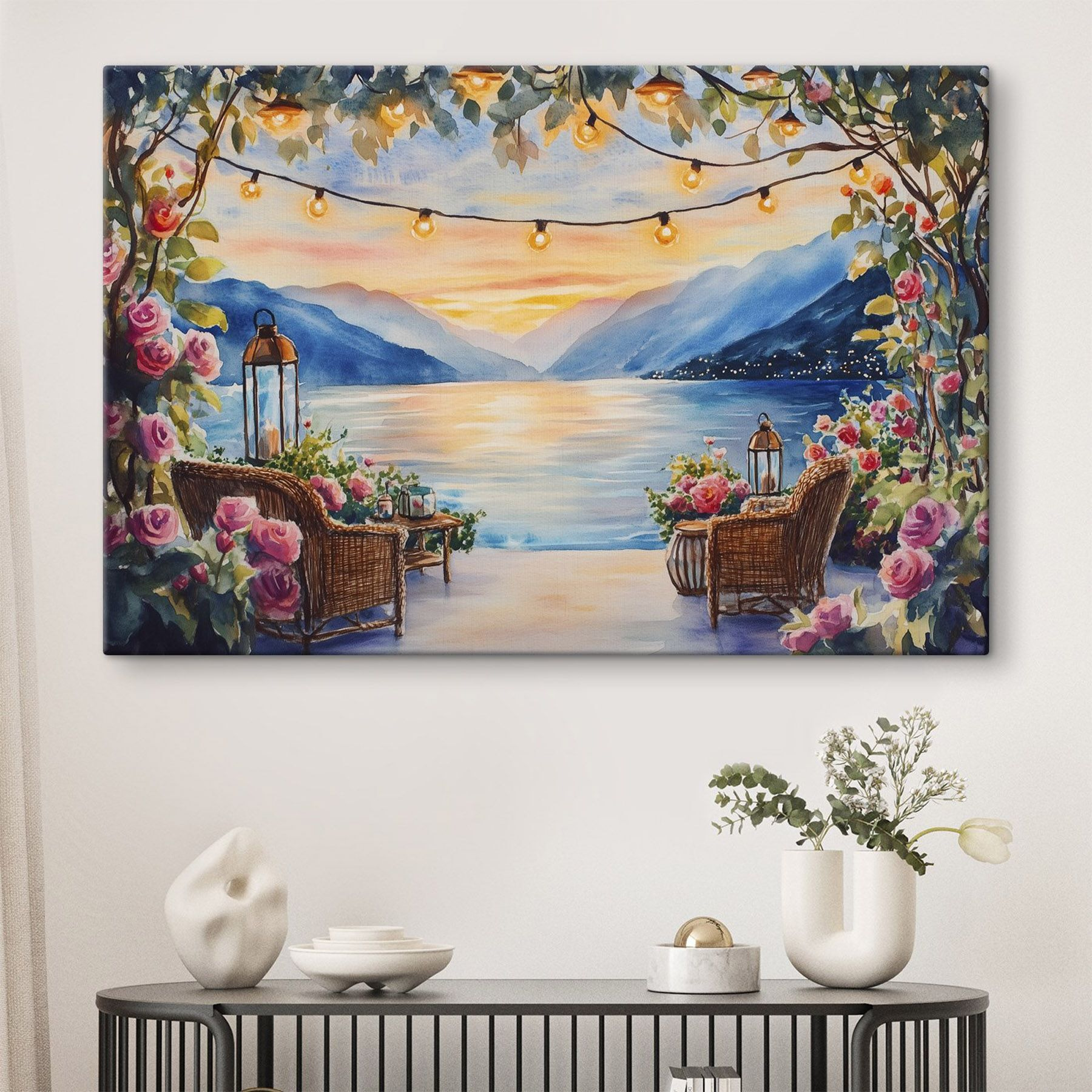 Watercolor painting of a deck with chairs and flowers and lights from a string Watercolor painting of a deck with chairs and flowers and lights from a string