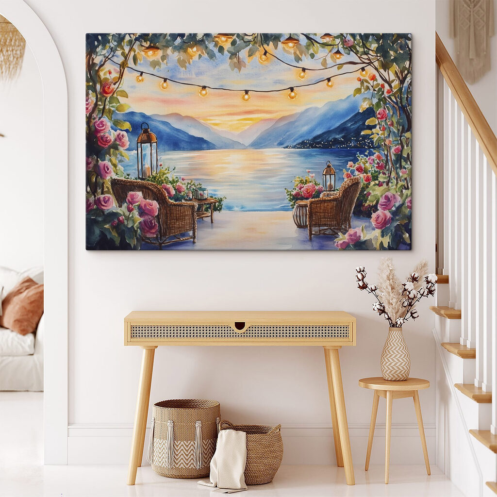 Watercolor painting of a deck with chairs and flowers and lights from a string Watercolor painting of a deck with chairs and flowers and lights from a string