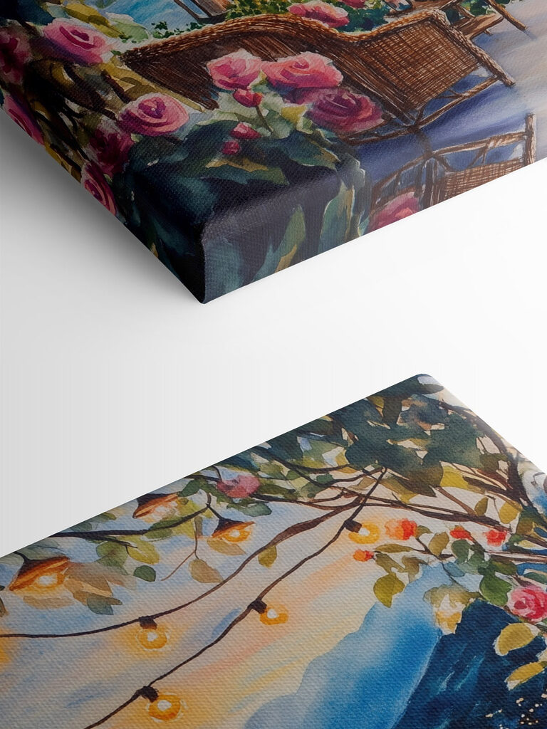 Watercolor painting of a deck with chairs and flowers and lights from a string Watercolor painting of a deck with chairs and flowers and lights from a string