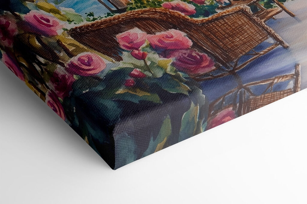 Watercolor painting of a deck with chairs and flowers and lights from a string Watercolor painting of a deck with chairs and flowers and lights from a string