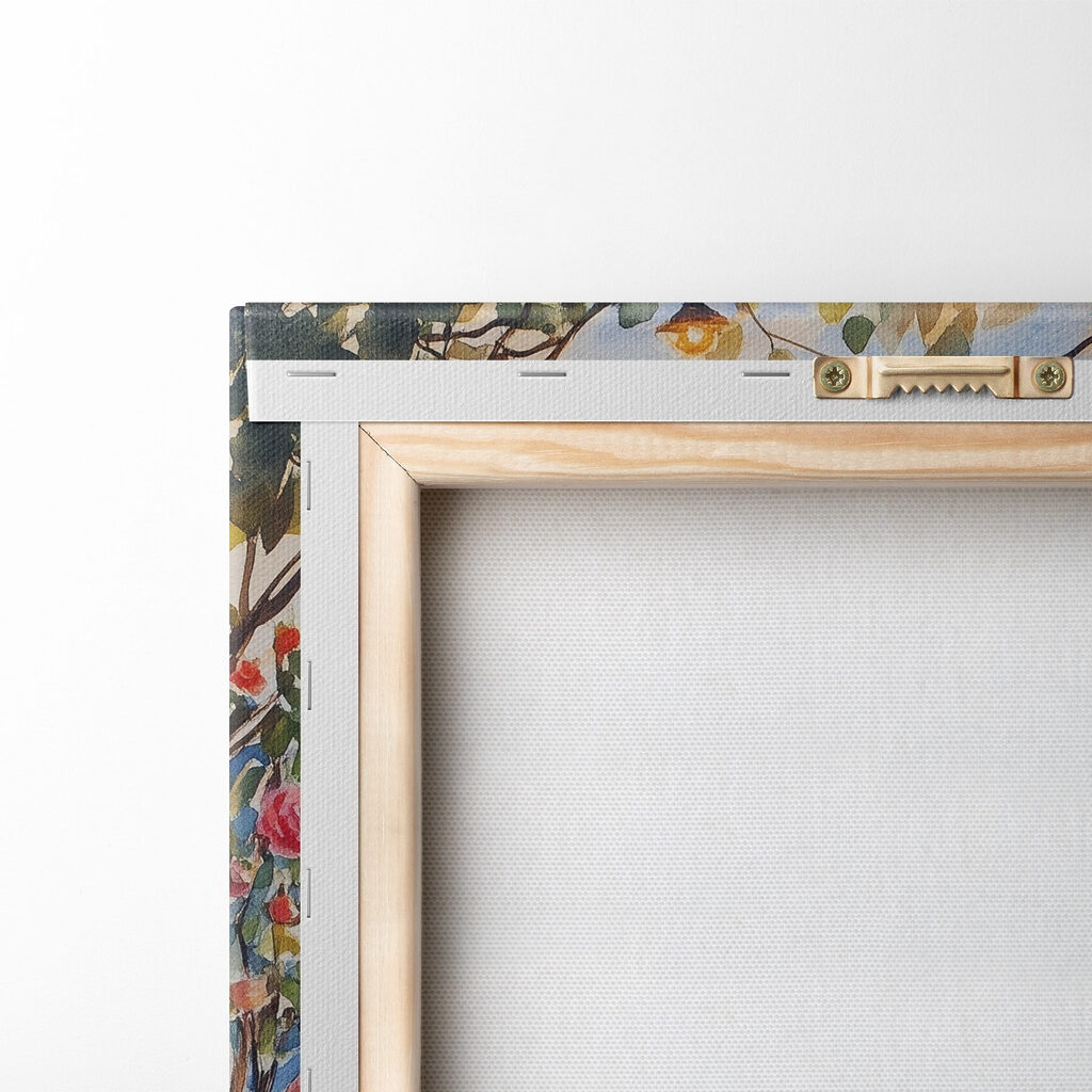 Watercolor painting of a deck with chairs and flowers and lights from a string Watercolor painting of a deck with chairs and flowers and lights from a string