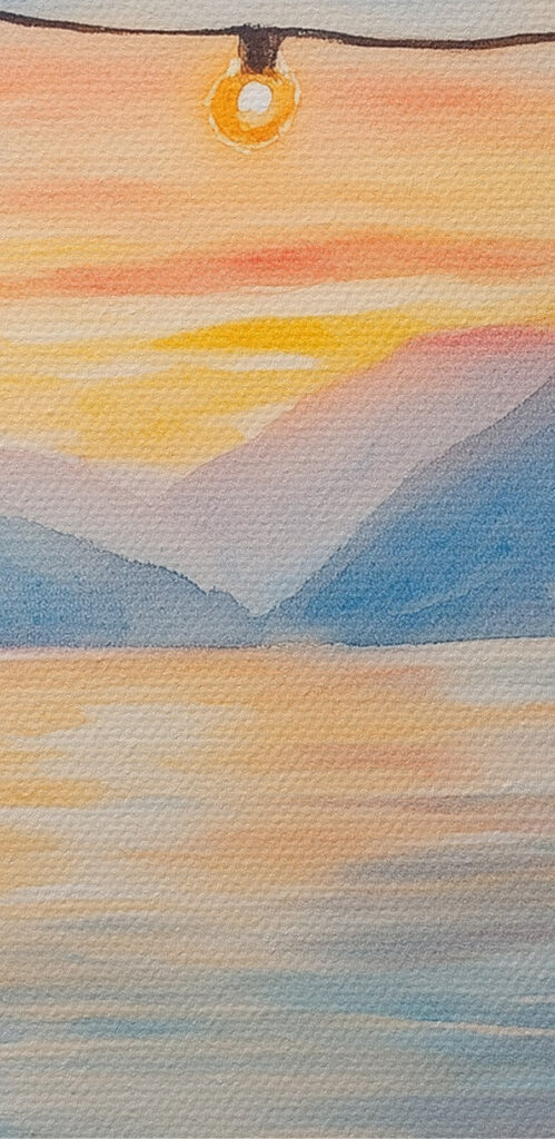 Watercolor painting of a deck with chairs and flowers and lights from a string Watercolor painting of a deck with chairs and flowers and lights from a string