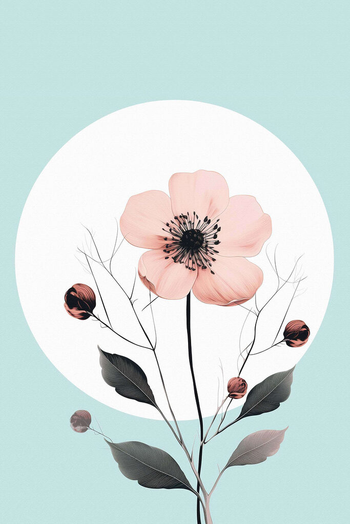 Pink flower with black center and leaves Pink flower with black center and leaves