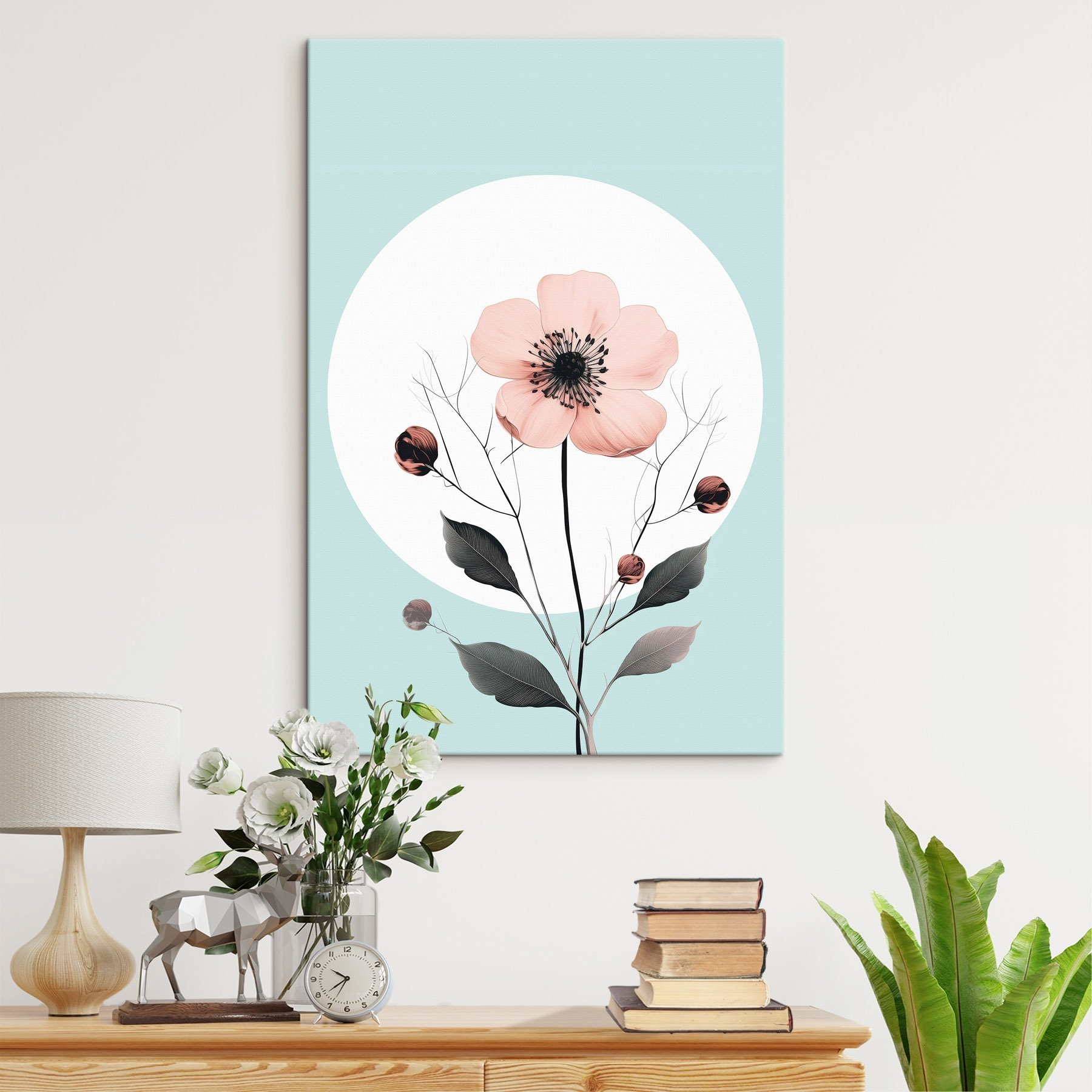 Pink flower with black center and leaves Pink flower with black center and leaves