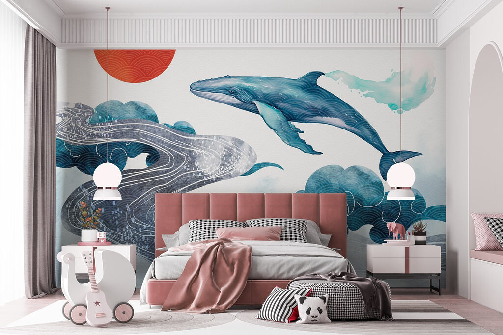 Whale and water with a red sun