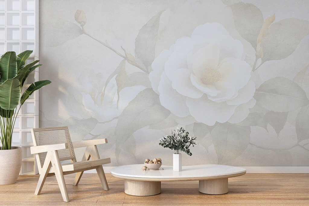 White flower with green leaves White flower with green leaves