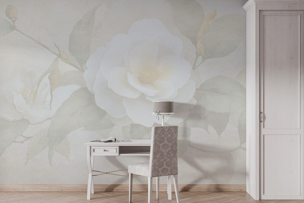 White flower with green leaves White flower with green leaves