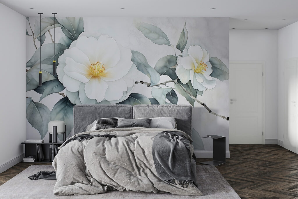 White flower with green leaves