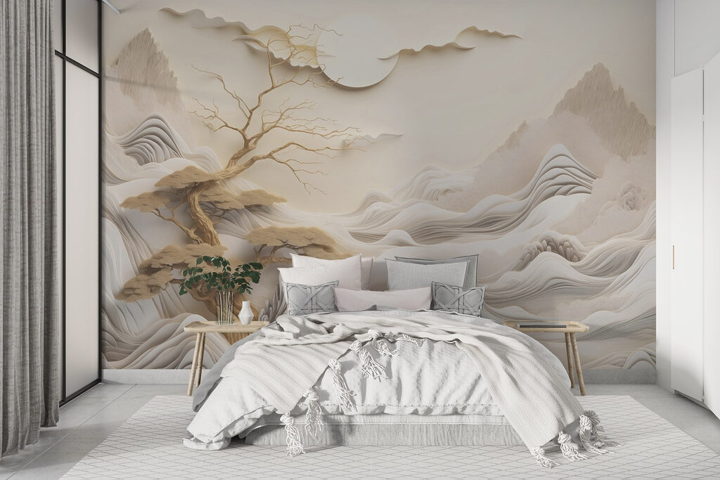 Tree and mountains with clouds and sun Tree and mountains with clouds and sun