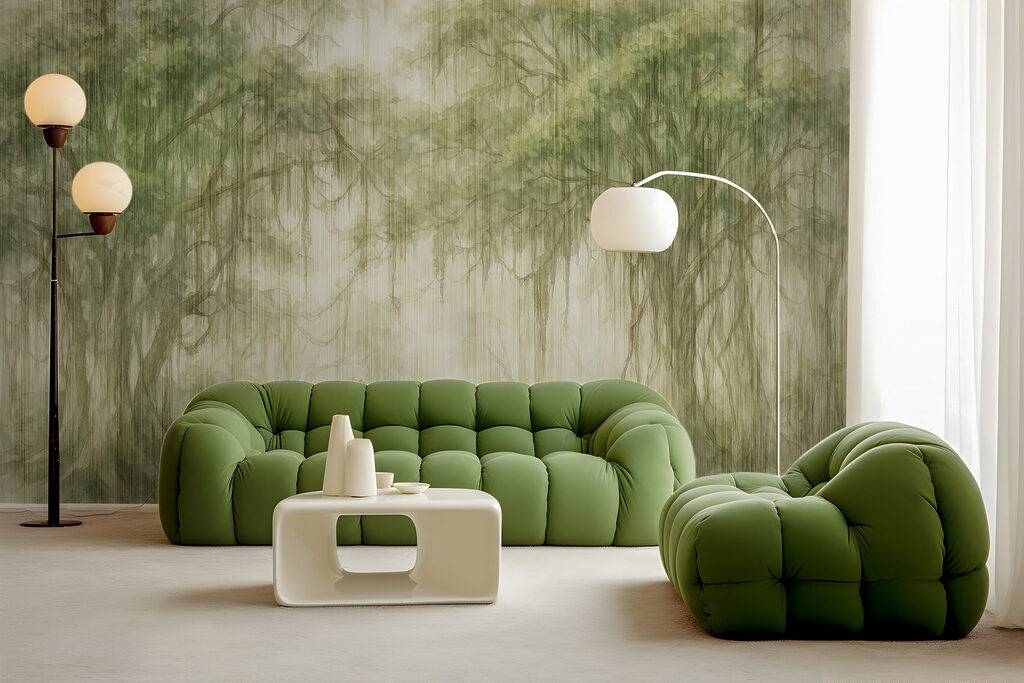 Painting of trees in a foggy forest Painting of trees in a foggy forest