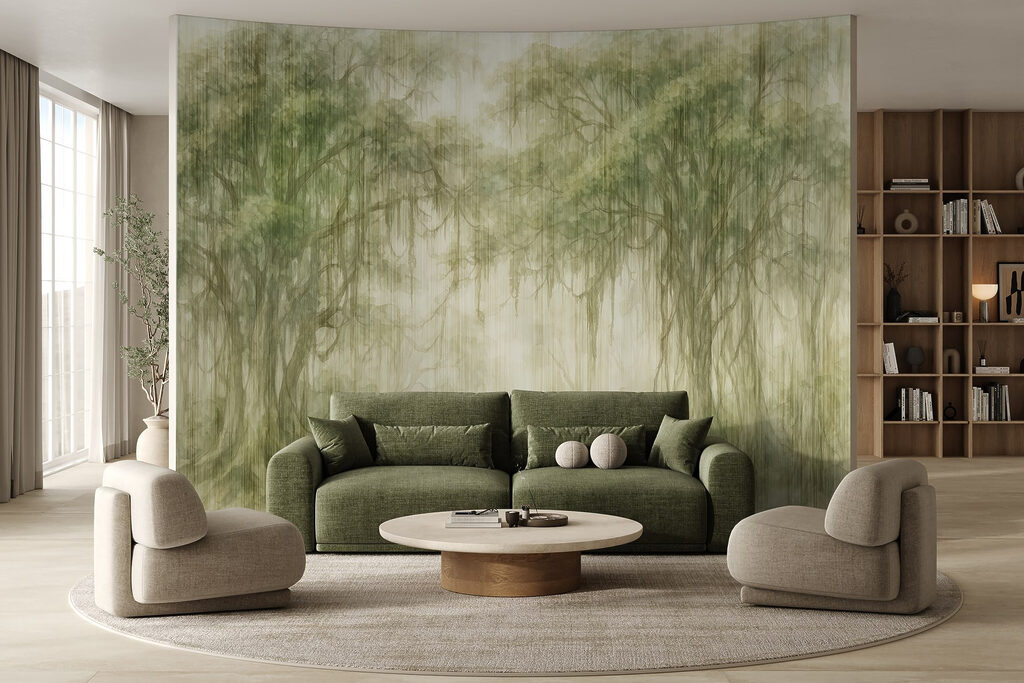 Painting of trees in a foggy forest Painting of trees in a foggy forest