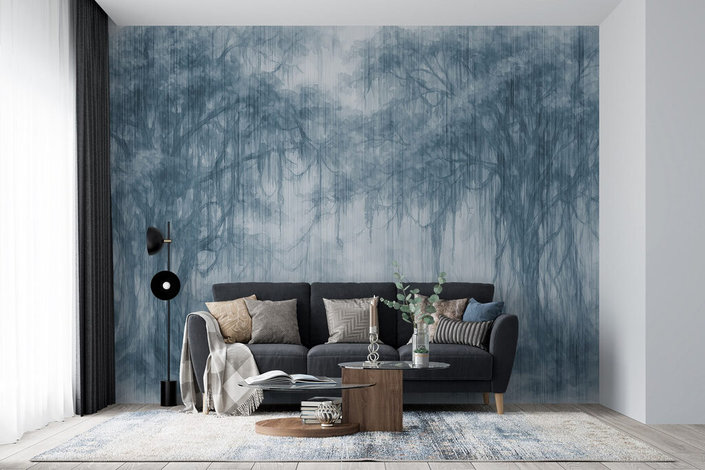 Group of trees in a foggy forest Group of trees in a foggy forest