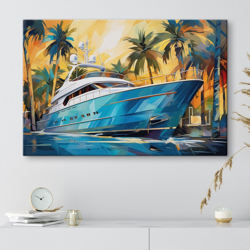 Blue boat in water with palm trees