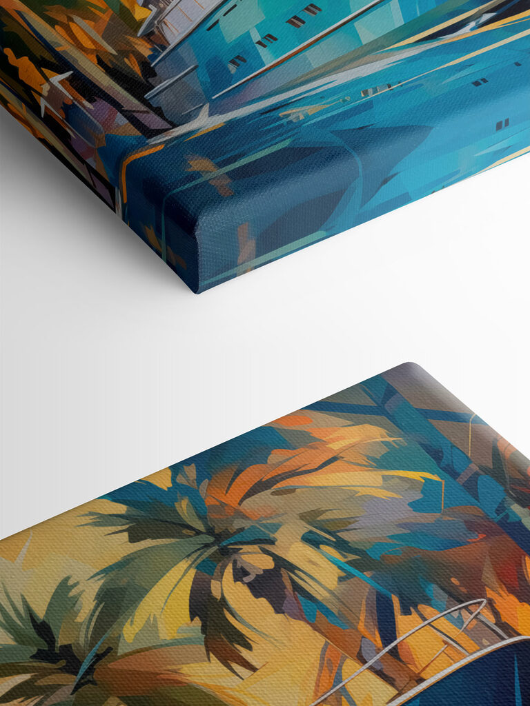 Blue boat in water with palm trees