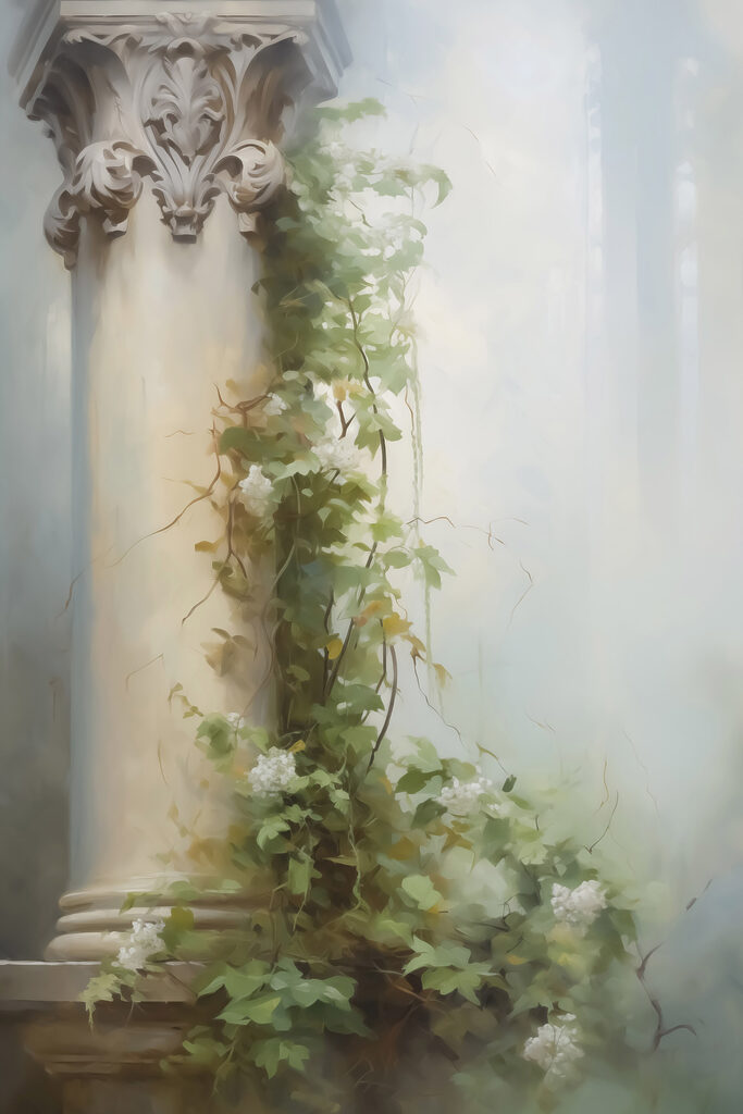 Painting of a column with ivy growing on it