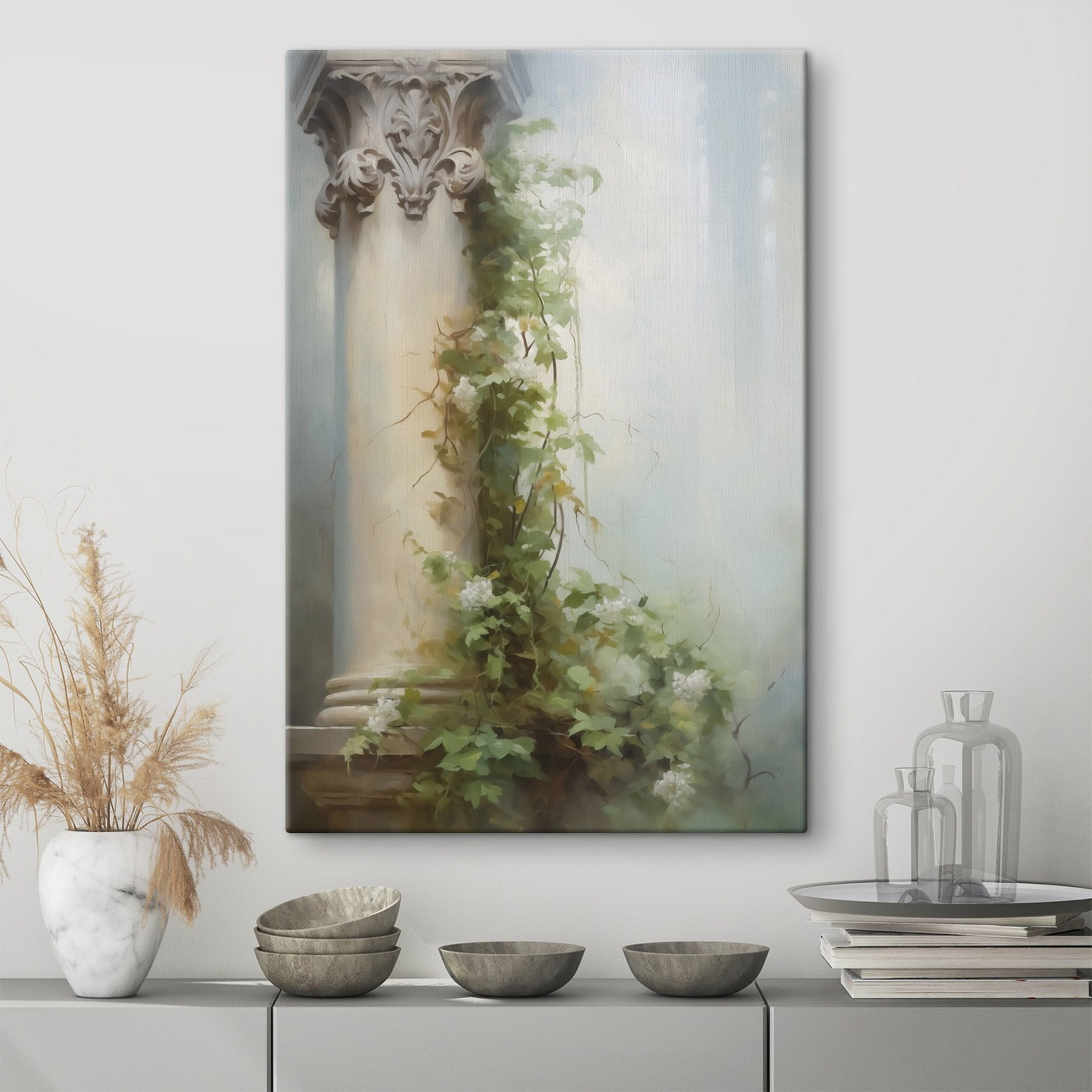 Painting of a column with ivy growing on it