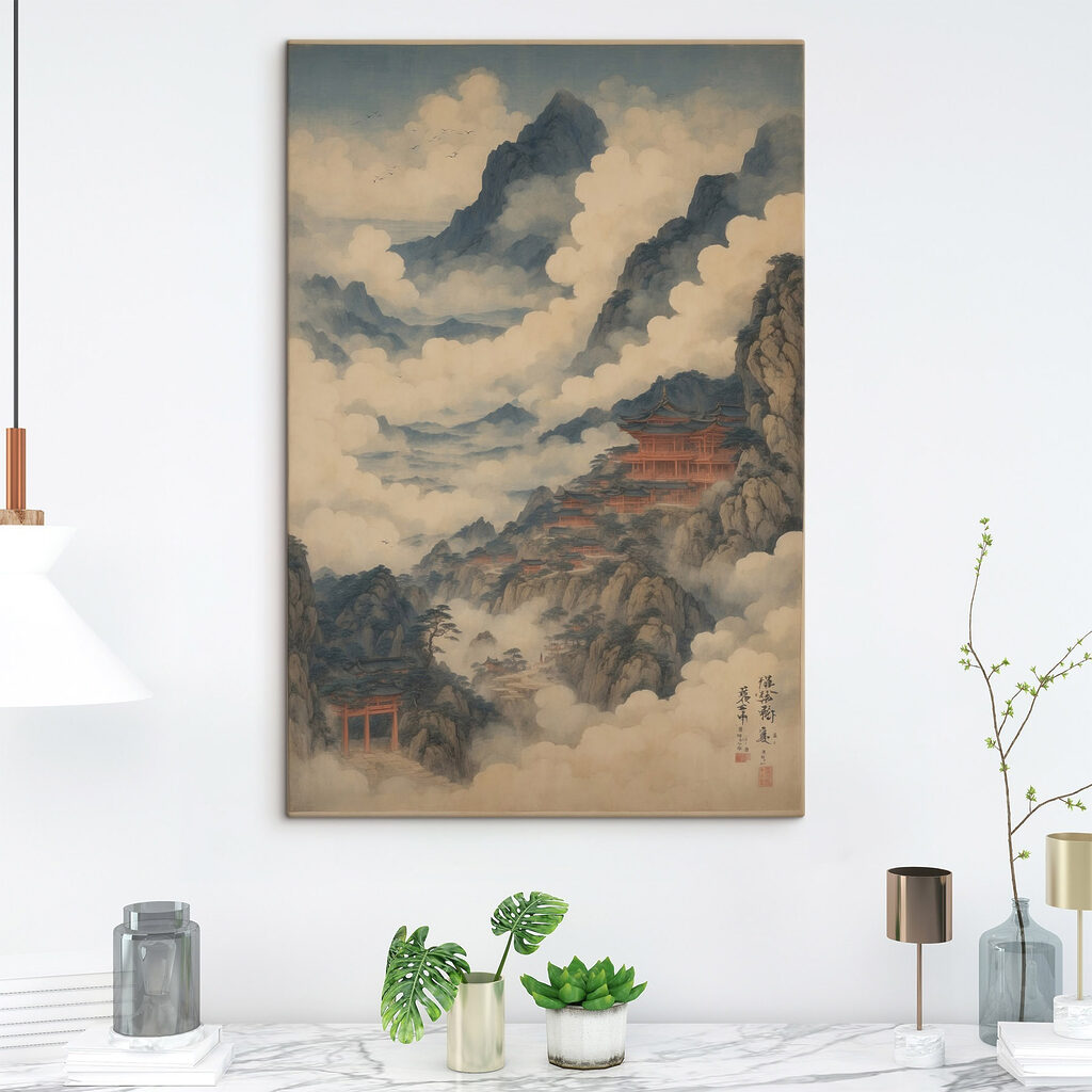 Painting of a temple on a mountain