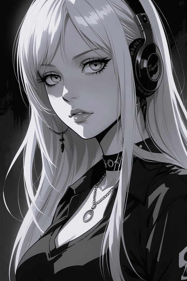 Žena s dlhými blond vlasmi so slúchadlami Žena s dlhými blond vlasmi so slúchadlami
