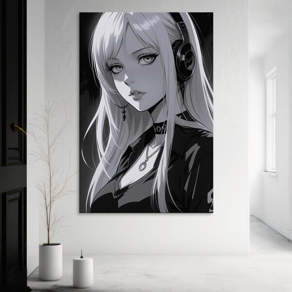 Žena s dlhými blond vlasmi so slúchadlami Žena s dlhými blond vlasmi so slúchadlami