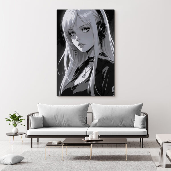 Žena s dlhými blond vlasmi so slúchadlami Žena s dlhými blond vlasmi so slúchadlami