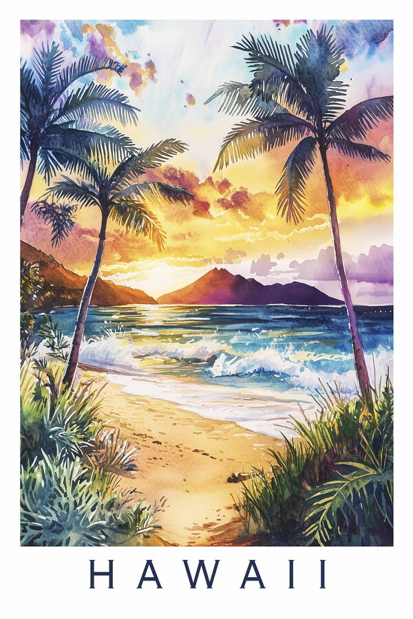 Watercolor painting of a beach with palm trees and waves Watercolor painting of a beach with palm trees and waves
